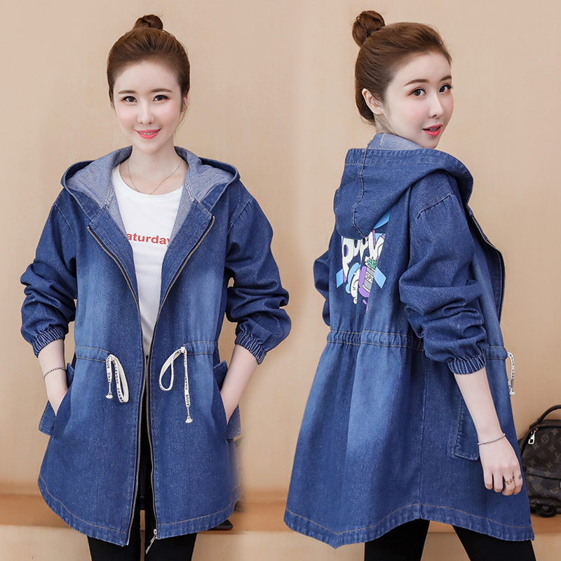 Spring and Autumn New Plus Size Denim Jacket for Women, Mid-Length Korean Style, Long Sleeve Drawstring Waist Slimming Trench Coat Trendy