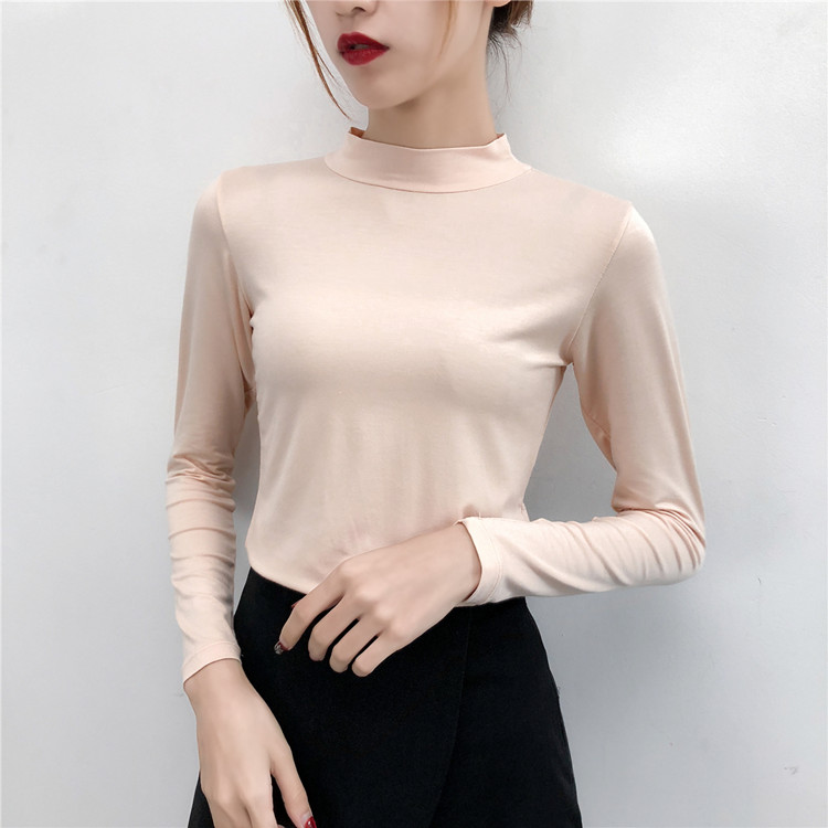 Modal chạm đáy áo dài tay đơn mảnh mỏng phần quần áo mùa thu nữ mặc bó sát ngọn cao nửa cổ áo lót nhiệt áo ấm nam trung niên