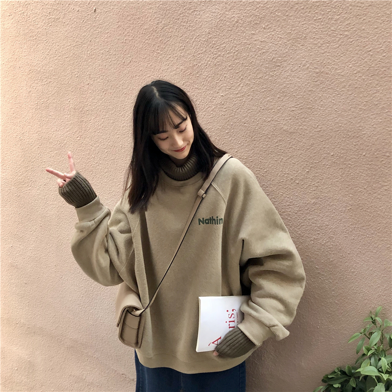 Mùa thu đông phiên bản Hàn Quốc 2018 mới lười gió buông xõa retro và nhung khâu cổ cao áo len họa tiết nữ áo khoác len