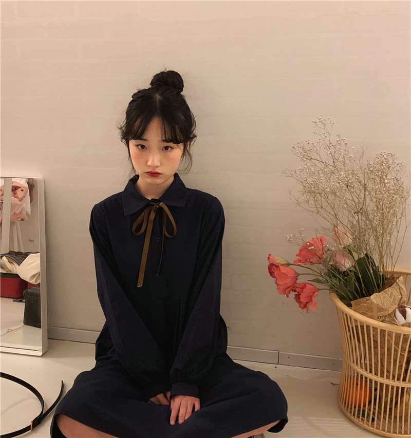 Mùa xuân Hàn Quốc của phụ nữ váy lỏng lẻo nơ mỏng khí chất áo dài tay váy mới - Váy eo cao các mẫu váy hạ eo đẹp	