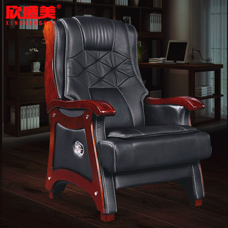 Solid wood large class chair desk leather manager chair atmospheric fixed foot boss chair home can lie cowhide president chair