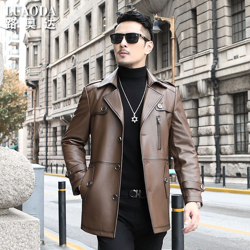 Haining genuine leather jacket men's suit leader layer cowhide mid-length leather windbreaker plus velvet down thick coat