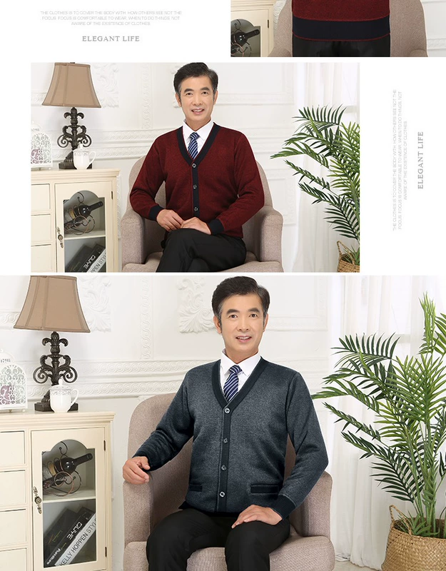 Cơ thể đàn ông trung niên cộng với áo len dệt kim nhung dày đan áo len cha trung niên ông già mùa thu và áo ấm mùa đông áo thun nam
