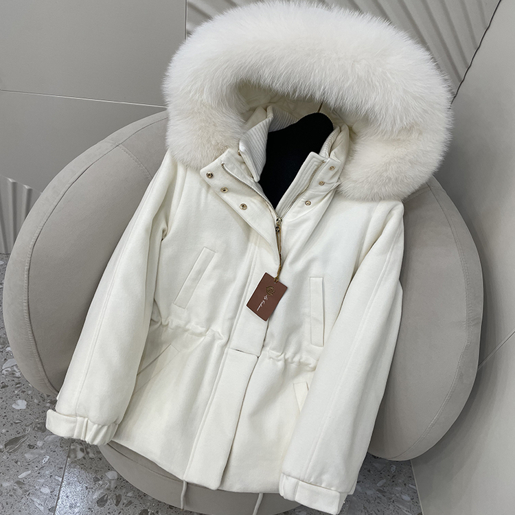 2026Lp Same Style Cream White Ski Suit Oversized Fox Fur Collar Cashmere Short Woolen Coat Wool Jacket