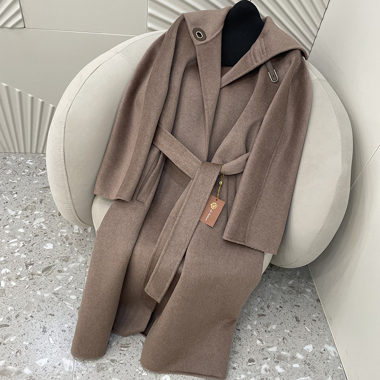 2026Lp New Hazelnut Color Double-Sided Cashmere Coat with Leather Buttons, Navy Collar, Loose Fit, Long Tie-Up Coat for Women