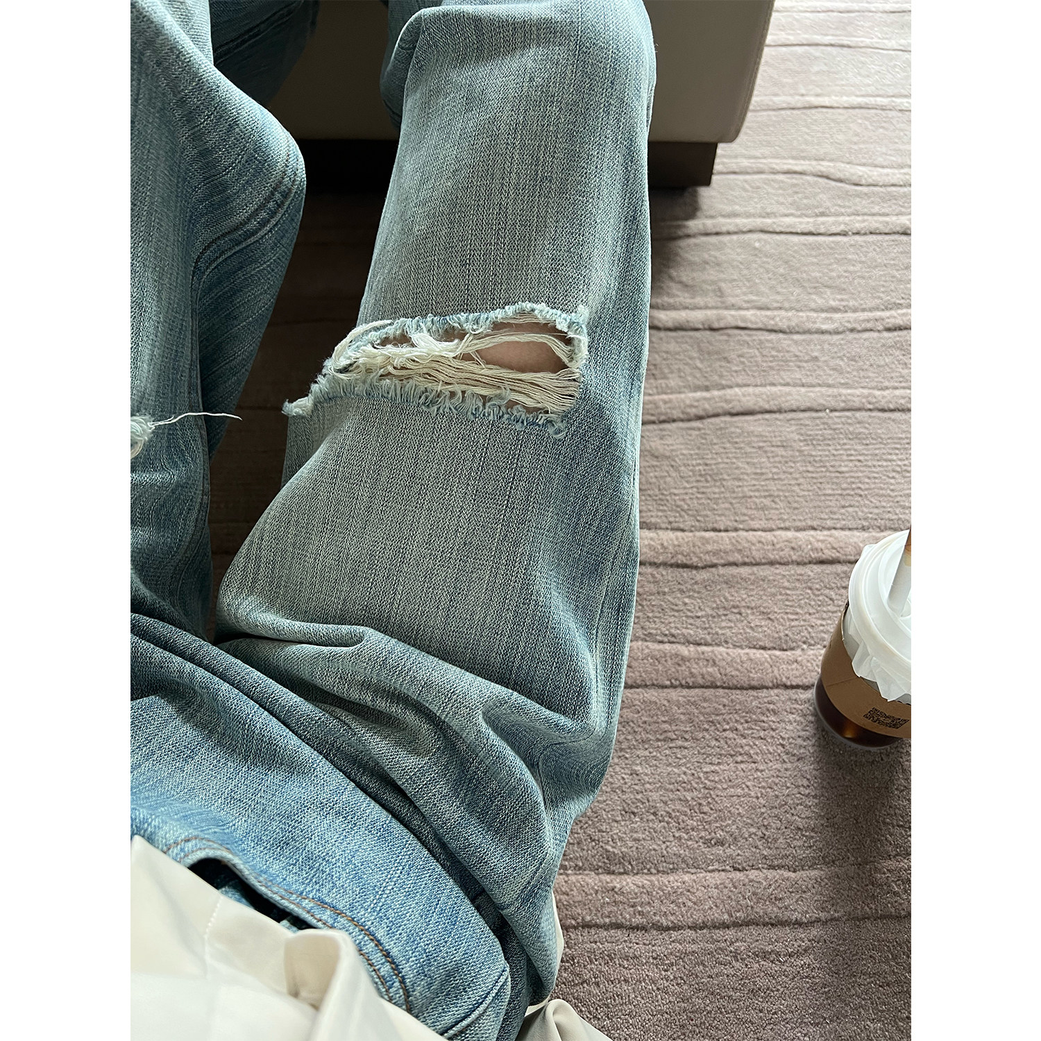 Moc Mbechic retro made of old washed wide-legged pants small sub loose straight cylinder Broken Cave Jeans Women's Summer