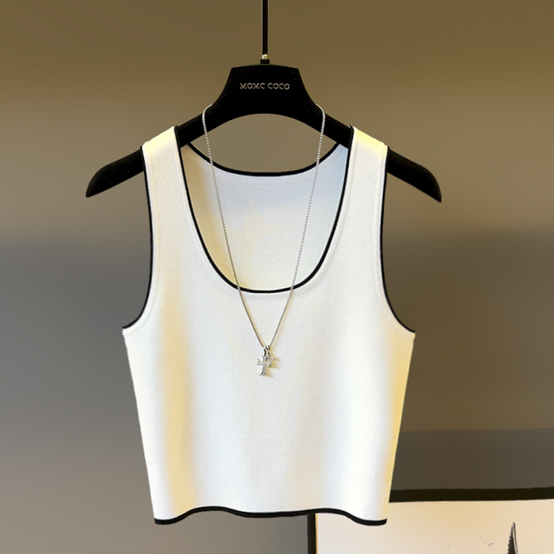 French-Style Chic Sleeveless Knitted Camisole for Women, Short Base Layer for Suits, Ice Silk Top for Summer