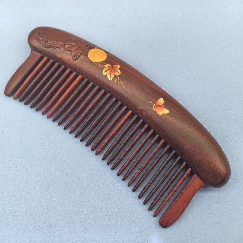 Tan Mujiang Carved Comb Gift Box, High-End Rosewood Comb with Inlaid Teeth, Massage Comb