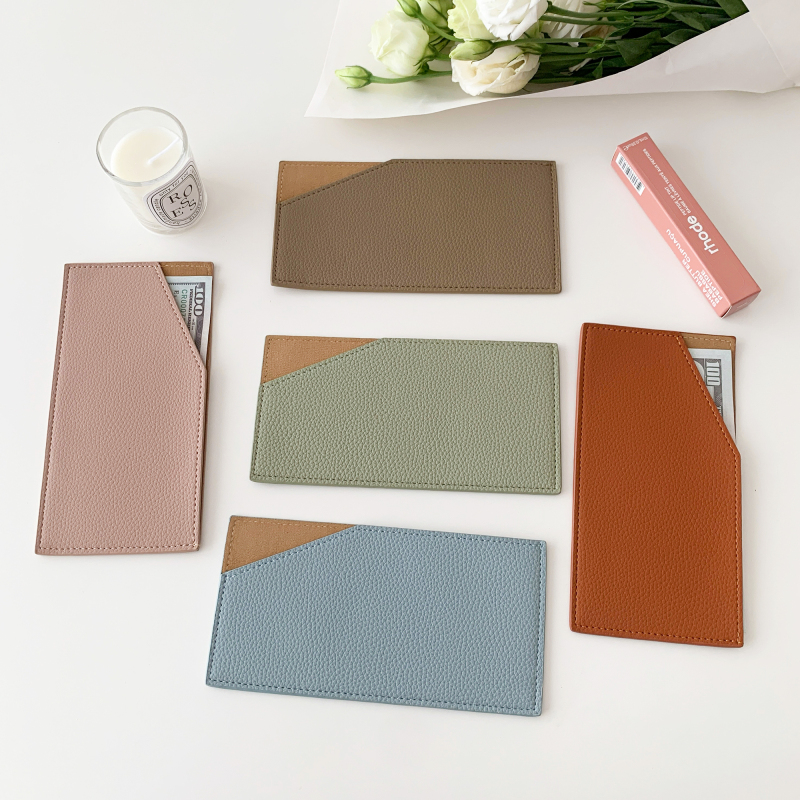 Simple Color-Blocked Ultra-Thin Long Wallet, Lychee-Patterned Leather Lightweight Card Holder, Portable Layered Cash Wallet