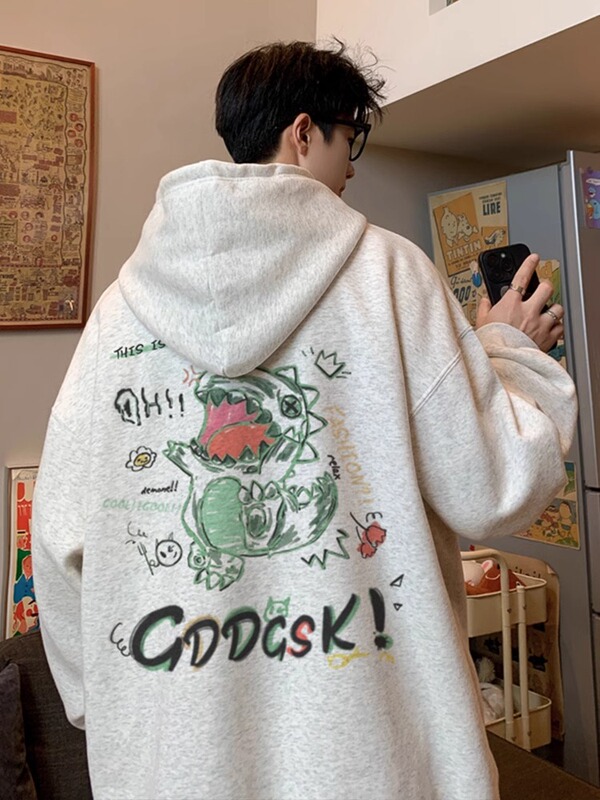 Pure Cotton Heavyweight Hoodie Sweatshirt for Men, Autumn and Winter, Fleece-Lined, Thickened, Trendy Japanese Style, Dinosaur Design, Loose Fit, Versatile Casual Jacket Pure Cotton Heavyweight Hoodie Sweatshirt for Men, Autumn and Winter, Fleece-Lined, Thickened, Trendy Japanese Style, Dinosaur Design, Loose Fit, Versatile Casual Jacket