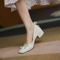 Bigov comfortable sheepskin soft sole shoes womens coarse heel bow bow milk shoes wine red casual mother shoes