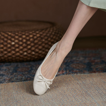 Flat bow hipster round head red evening evening wind single shoes women Summer leather soft bottom comfortable milk shoes pregnant women