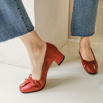 Red bow single shoes womens leather thick heel middle heel round ballet shoes soft leather comfortable milk shoes evening evening breeze
