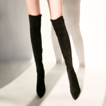 Do not drop the tube knee long boots female leather high heel elastic velvet thin leg boots pointed thick heel gray side zipper high boots
