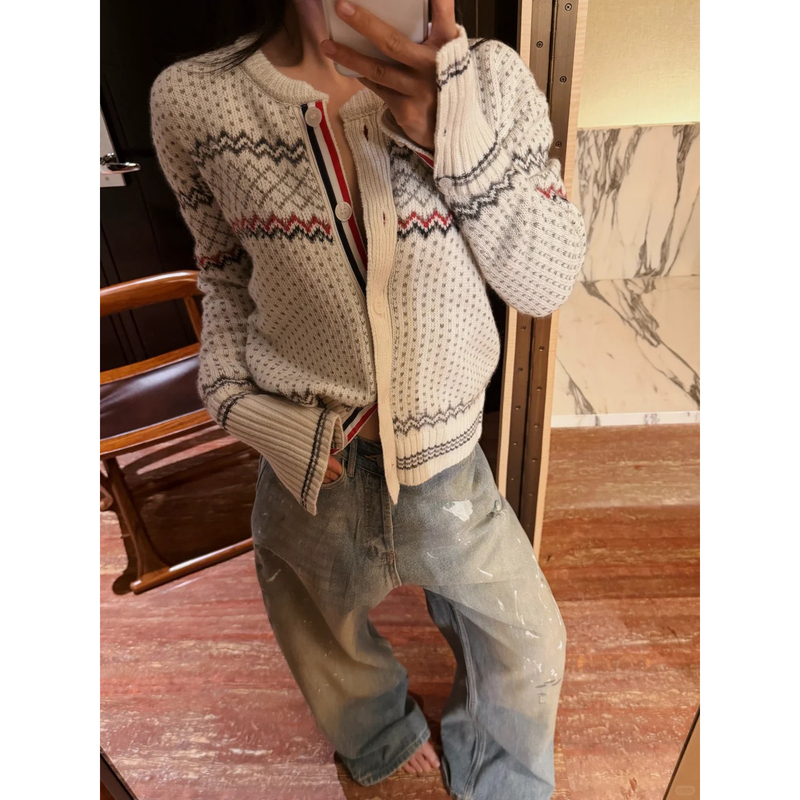 Pd's Greatest Work, Retro Fair Isle Jacquard Thick Knit Cardigan, Women's Fashionable and Atmospheric Jacket 0316 Pd's Greatest Work, Retro Fair Isle Jacquard Thick Knit Cardigan, Women's Fashionable and Atmospheric Jacket 0316