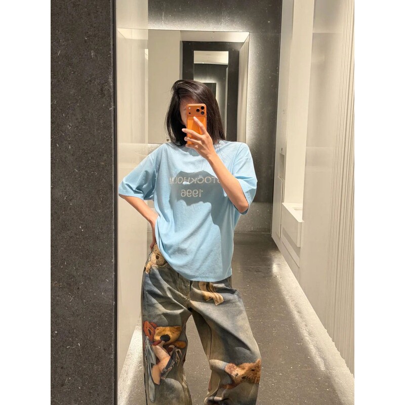 Pd's Greatest Work 1996 Loose Vintage Sun-Protective Retro Cornflower Blue Printed Paper Man Short Sleeve 0074