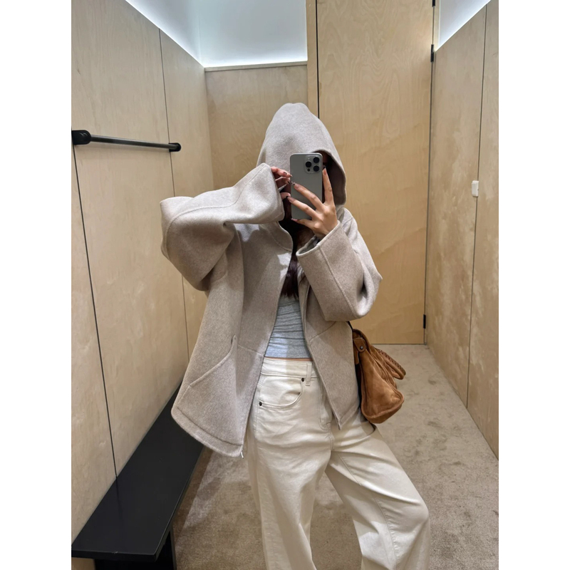 Pd's Greatest Work Minimalist Style Heavy-Duty Double-Sided Woolen Coat Hooded Sweatshirt Silhouette Jacket Coat 0350