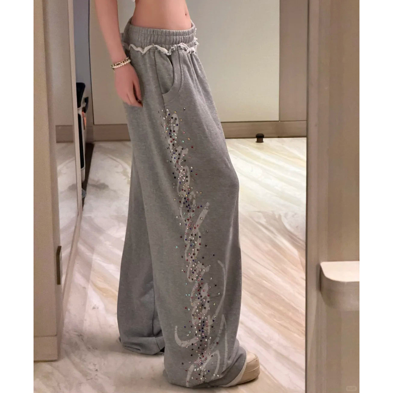 Pd's Greatest Work Colorful Rhinestone Sweatpants Y2K Colorful Rhinestone Pants Loose Design Casual Pants 0348