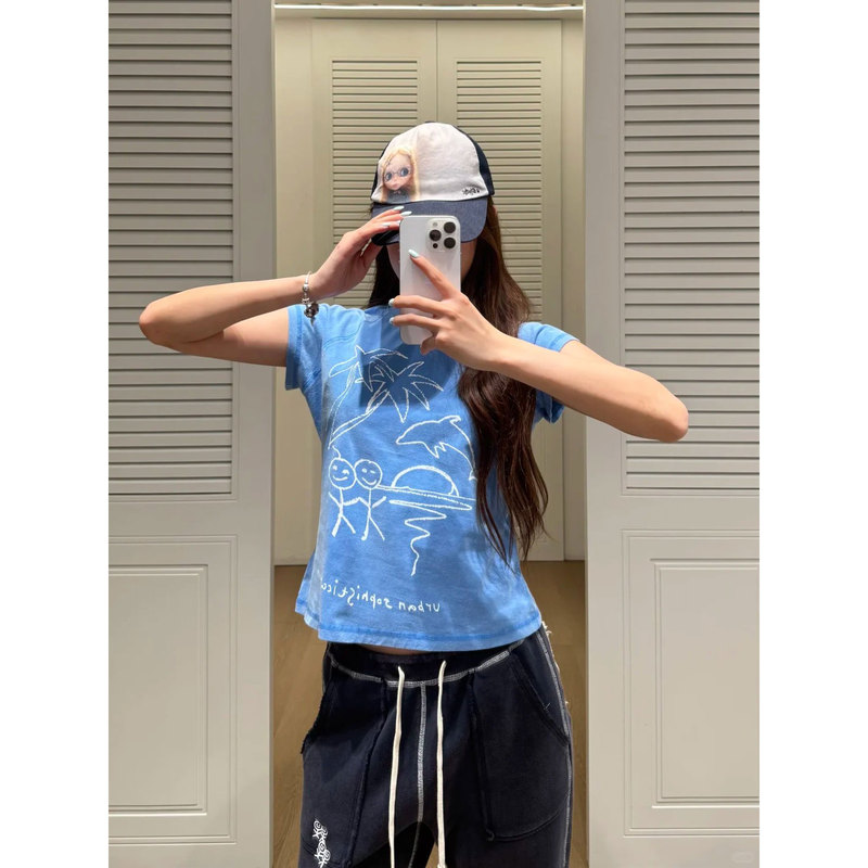 Pd's Greatest Work, Washed and Distressed Blue Stickman Print Short-Sleeved Women's Retro Slim-Fit T-Shirt 0202