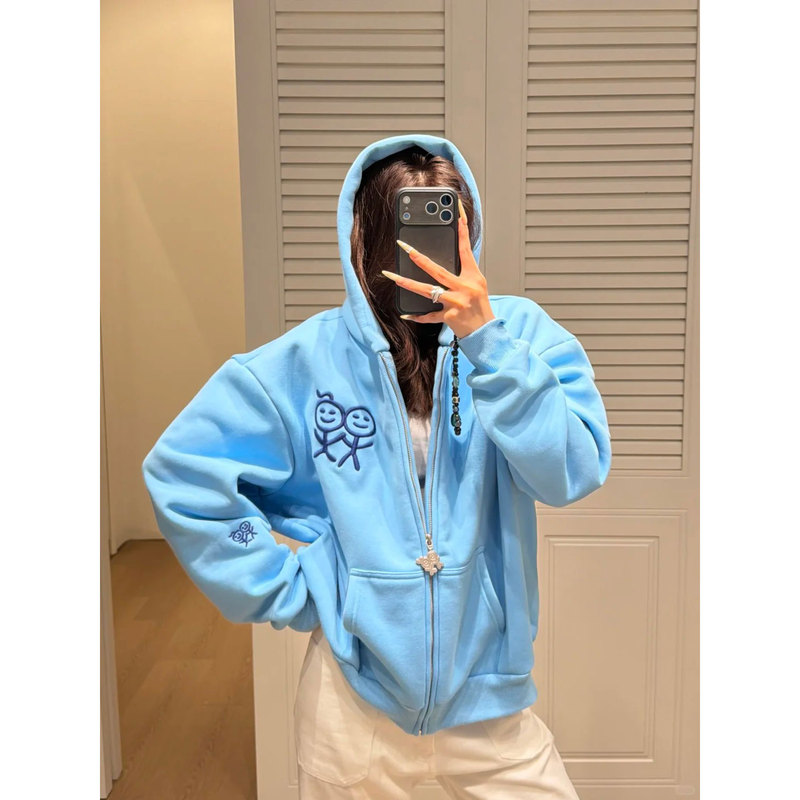 Pd's Greatest Work, Fresh Blue Stickman Embroidered Hoodie for Women, Designer Niche Jacket 0201