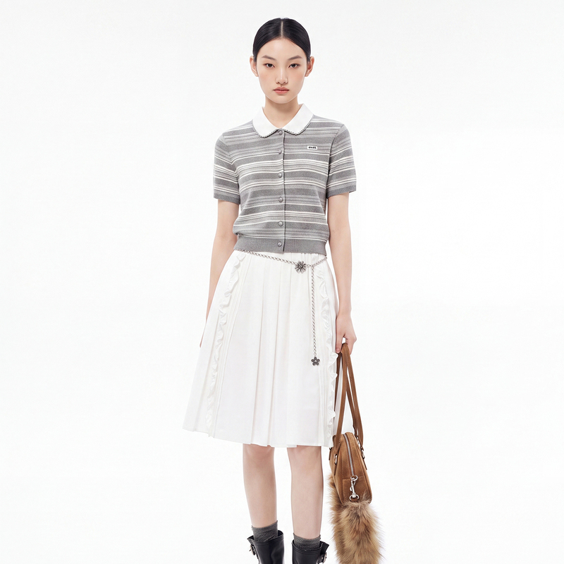 Sdefecr/College Style Retro Striped Short-Sleeved Knit Top for Women with Doll Collar and Patchwork Design, New for Autumn 2026