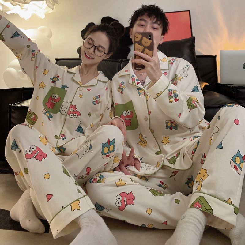 2025 Autumn Couple Pajamas Women's Long Sleeve Loose Plus Size 150kg Cartoon Dinosaur Loungewear for Chubby Girls, Suitable for Wearing Outside