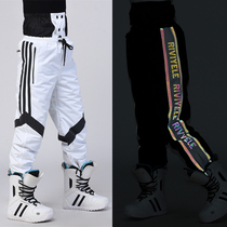 22 New single-board skiers male waterproof heating and wind-resistant beam legs closed feet double-colored anti-ski cotton pants female