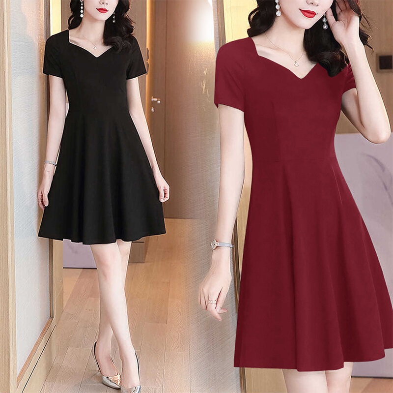 Korean Style New Summer Slim-Fit A-Line Flared Slimming Ruffle Collar Women's Dress V-Neck Short-Sleeve Solid Color High-Waisted Dress