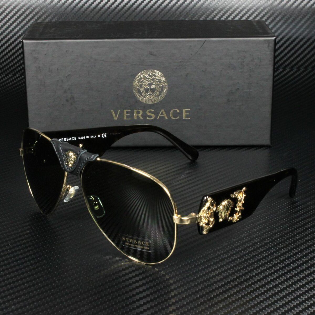 Versace Versace fashion sunglasses VE2150Q personalized black gold carved gold large frame men's and women's sunglasses