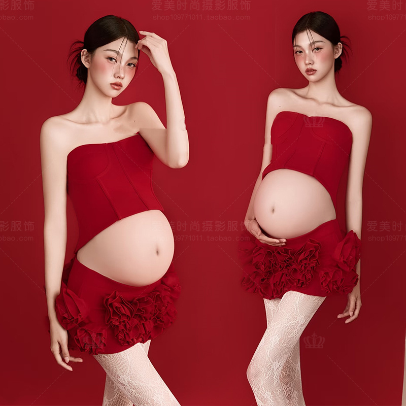 New Maternity-Themed Red Tube Top Dress Maternity Clothing for Studio Art Photos, High-End Personal Photo Shoot Photography Outfit
