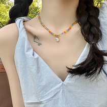 Fresh and summer handmade colored crystal string Ball loving necklace with female small crowdsourced design Sensation Lock Bone Chain Senteal Sweet