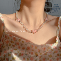 Transparent Laser Pink Loving Crystal String Beads Necklace Woman Summer Small Freshener lock bone chain light extravagant and small crowdsourced design