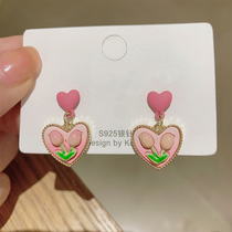 925 silver needle pink loving tulip female summer small crowdsourced design feeling sweet and beautiful flower earrings earrings earrings