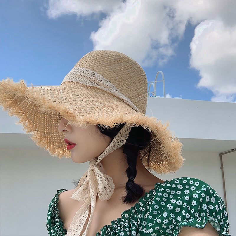 Hat female summer small fresh foldable woven straw hat beach big brim sunscreen sun hat Korean version of the wild tide summer