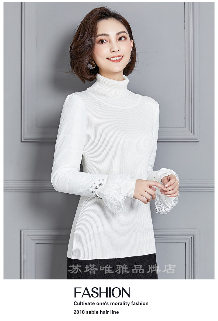 Áo xuống đầy tay áo sơ mi nữ mùa đông dày cổ áo len ấm áp cộng với tay áo cotton với áo len lông thú áo len cổ lọ