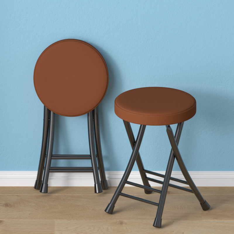 [Steel Plate Upholstered Stool] Black Frame Brown Leather 4cm Raw Cotton