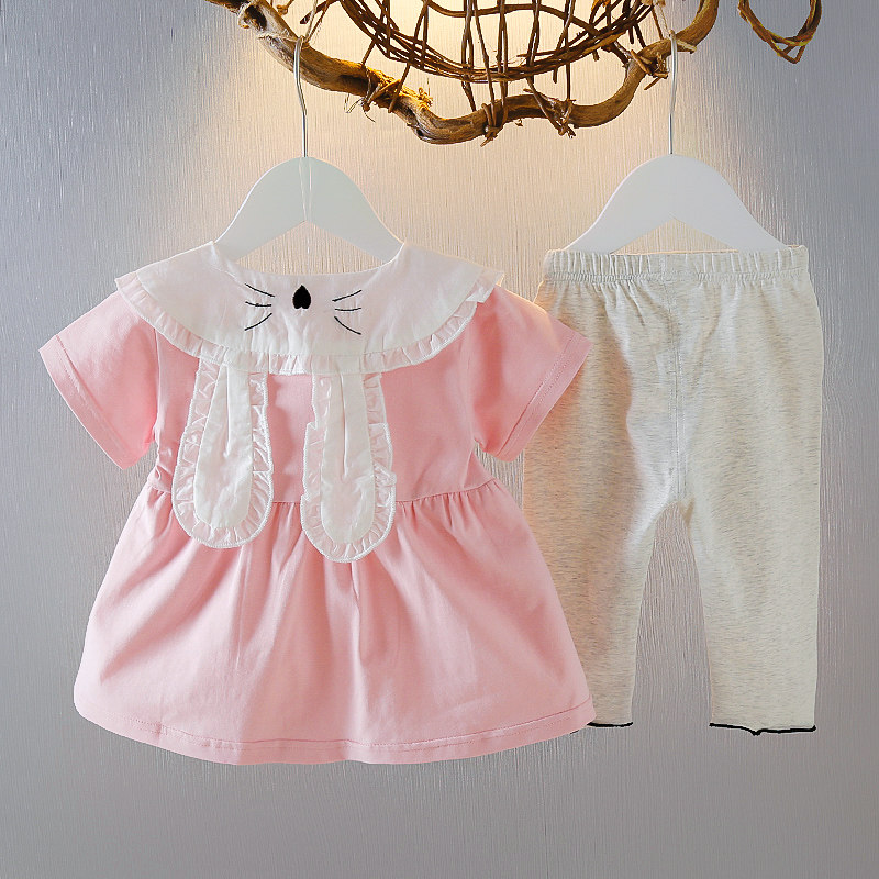 Girl Foreign Pie Short Sleeve Suit Summer Dress Casual Women's Baby Seven Pants Two Sets Baby Summer Suit Summer Load