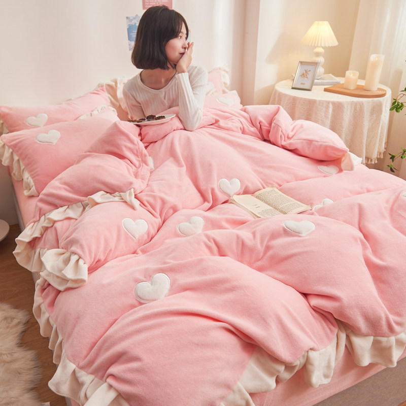 Milk crystal velvet four-piece double-sided coral velvet flannel quilt cover princess wind three-piece bedding winter