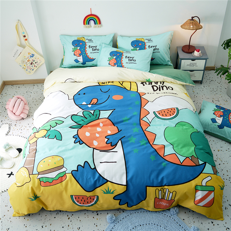 ins wind cartoon cotton bed four-piece set 100 cotton summer dormitory bed sheet quilt cover three-piece children's bed cover