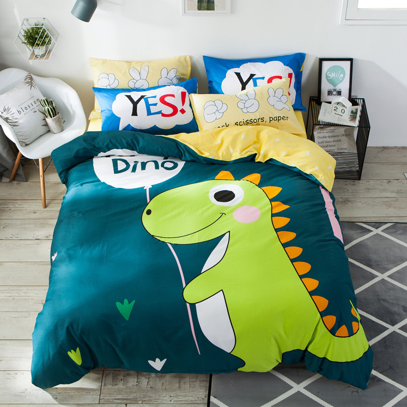 Cartoon Children's Four Pieces Of Pure Cotton Dinosaur Full Cotton Boy Bed Bamboo Hat Quilt Cover Single 4 Three 1 2 m Bed Bedding