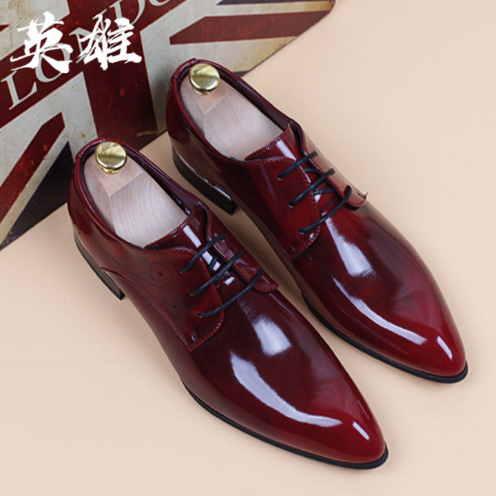 Korean Version Business Positive Dress Pointy Leather Shoes Man Red Interior Heightening Casual Paint Leather Hair Stylist Trendy Lace Wedding Shoes