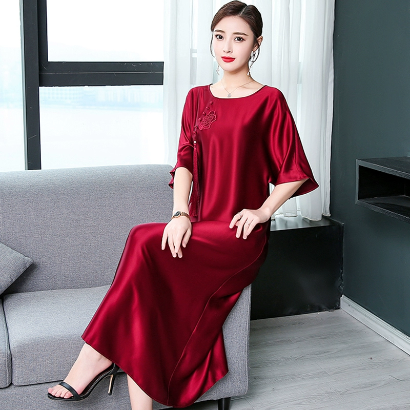 Váy lụa cao quý mùa hè acetate mẹ và vợ Kuo giá đặc biệt lỏng cộng với kích thước váy sợi mây thơm của phụ nữ - váy đầm