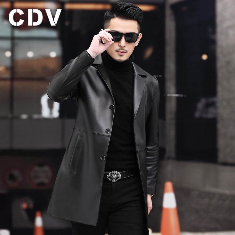 2021 new leather leather men Haining sheepskin medium and long version windbreaker suit collar thin casual suit jacket