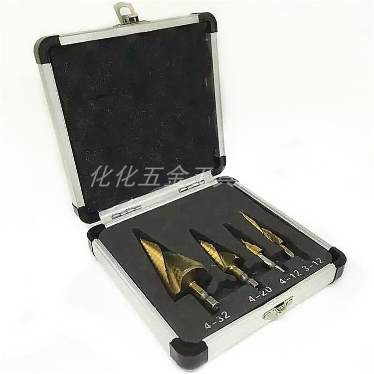 Special Price Spiral Groove Ladder Drill Bit Group Sleeve Plated Titanium Hexagon Shank Chambering Drill Pagoda Drilling 4pc Aluminum Boxed 