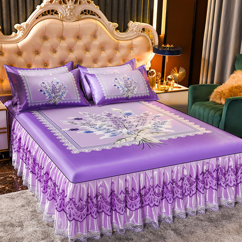 Summer Lace Bed Skirt Style Bed Hood Ice Silk Mat three sets washable Anti-slip bed cover Ice mat Air conditioning Soft mat