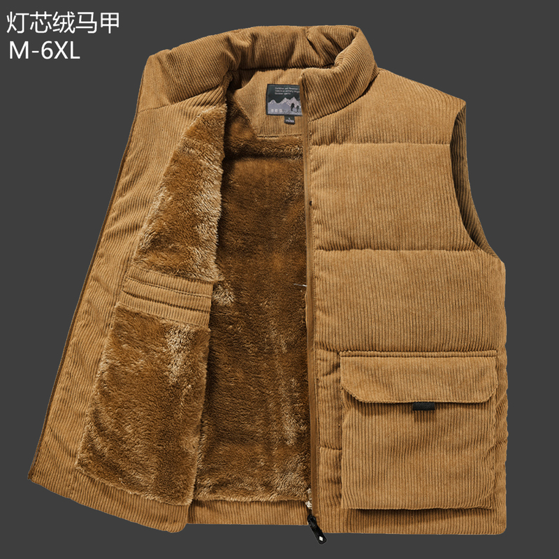 Large Size 7XL Corduroy Vest for Men, Autumn and Winter, Fleece-Lined, Thickened, Warm, Sleeveless Jacket, Workwear Vest