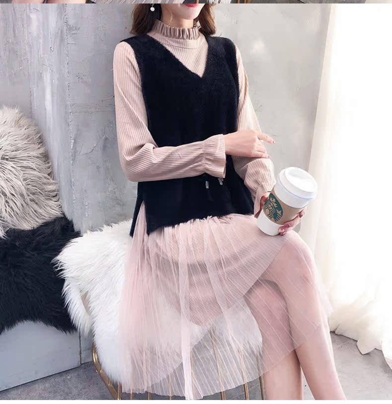 Mùa xuân 2019 của phụ nữ là ren rất đẹp trên áo len đầu gối váy dài phần hai mảnh áo len đáy - Áo len cổ chữ V áo len nữ cổ cao