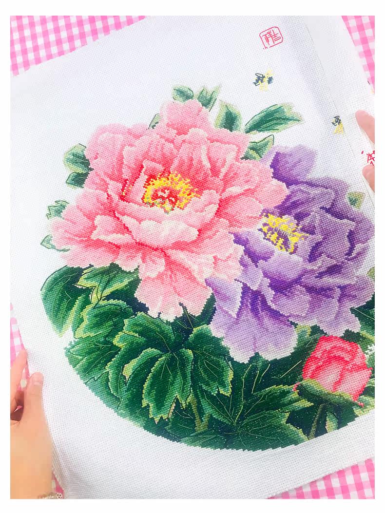 Готовая вышивка крестом 纯手工已绣好的春天埃及长绒棉十字绣成品花开富贵牡丹花安格绣布