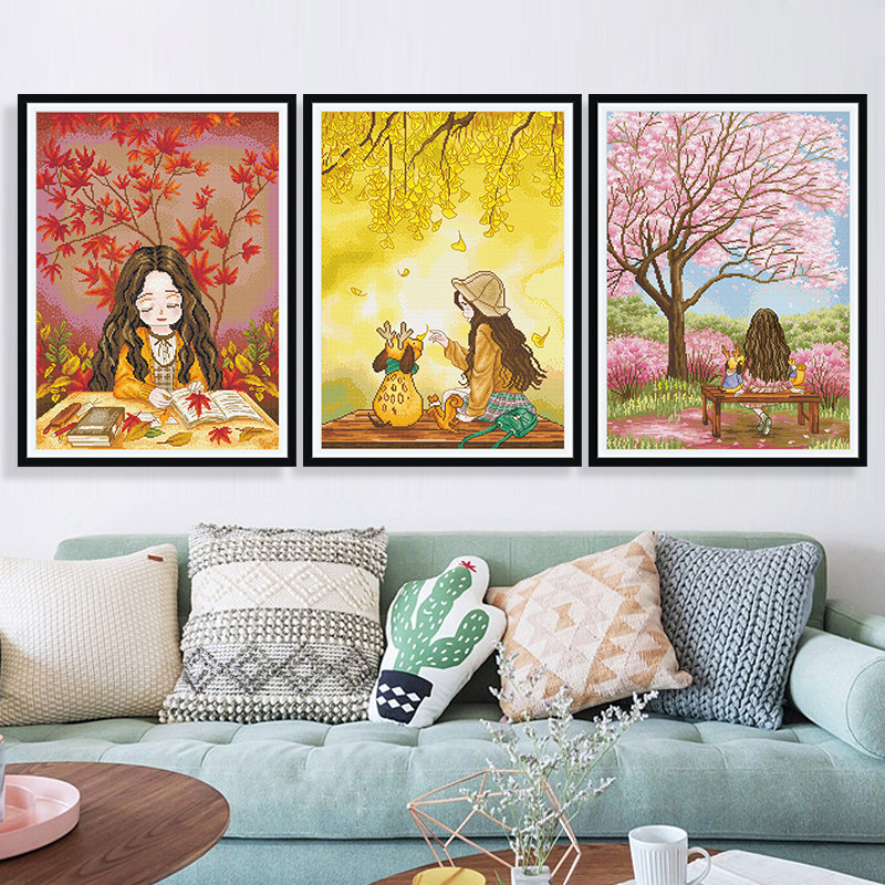 Cross stitch full embroidered triptych 2022 new line embroidered forest girl small living room yourself embroidered handmade katong