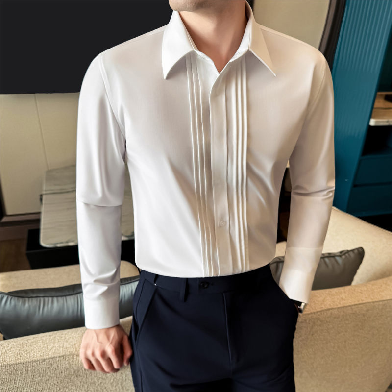 French-Style Pleated Wedding Shirt Dress for Men, Light Luxury Business Casual Long-Sleeve Tuxedo Formal Non-Iron Shirt